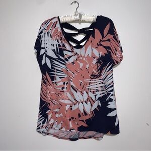Perseption Navy and Pink Leaf Print Blouse